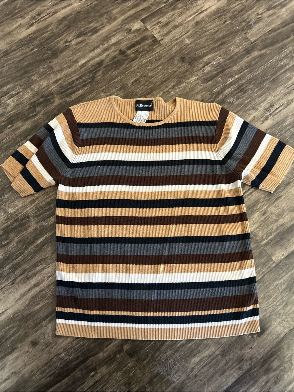 Arbor Ribbed Crewneck Stripe Top - Tan, Brown, Gray, Black, Cream